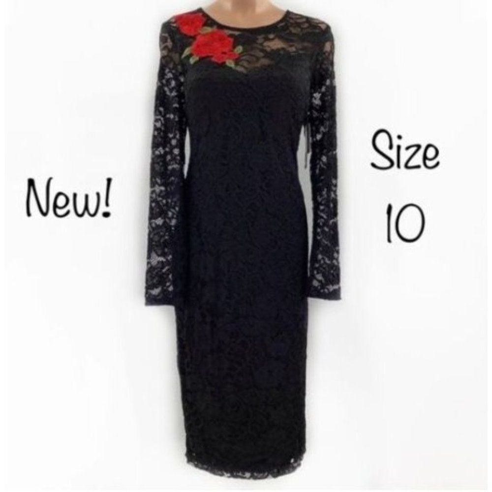 Premier Amour Black Dress With Embroidered Red Roses Size 10 (Orig. $74) New Wi